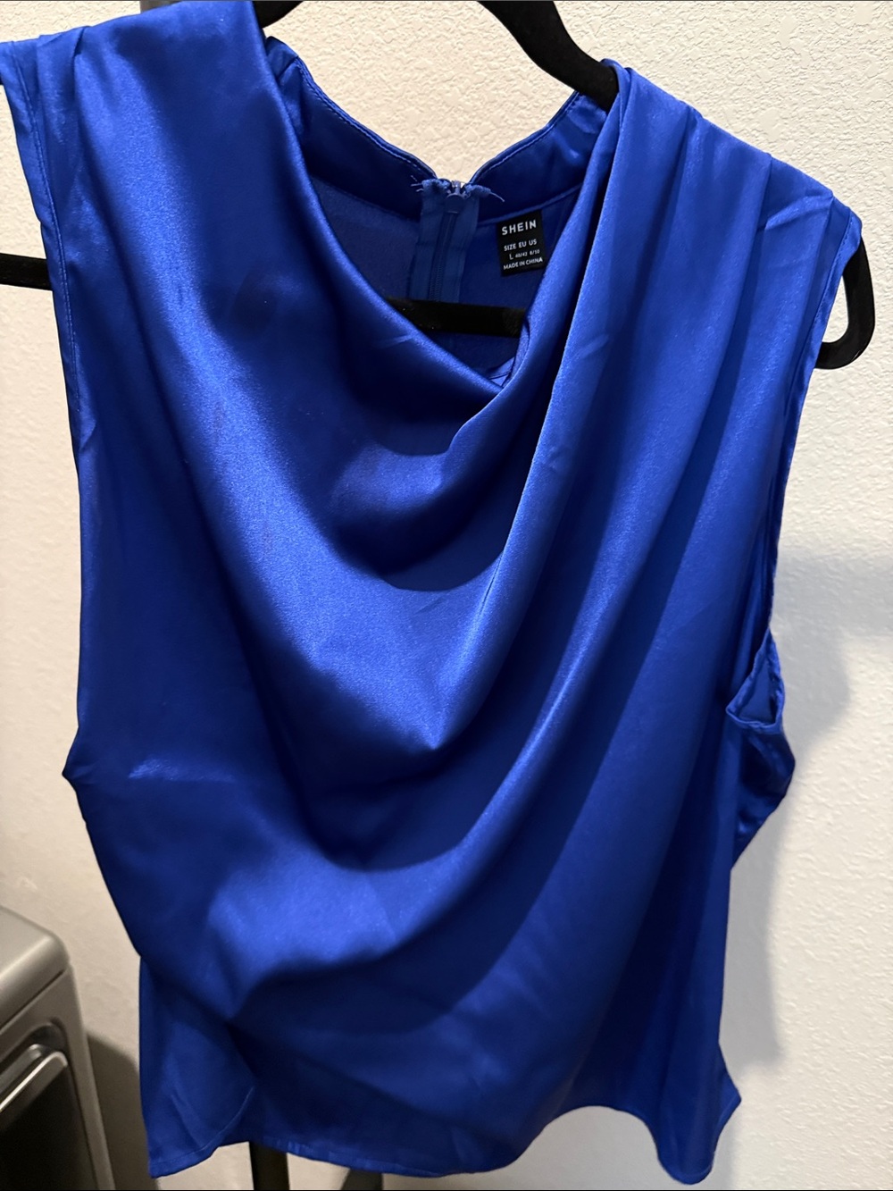 SHEIN Royal Blue Satin Drape Neck Sleeveless Blouse